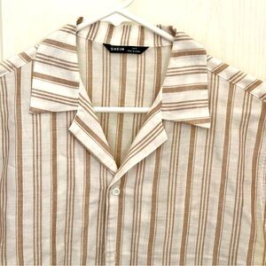 SHEIN Men’s Tan & White Striped Button Down Shirt, Short Sleeves, Size Medium